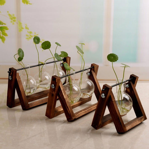 Swing Wooden Stand Hydroponic Plant Container Glass Vase - RAZANSY